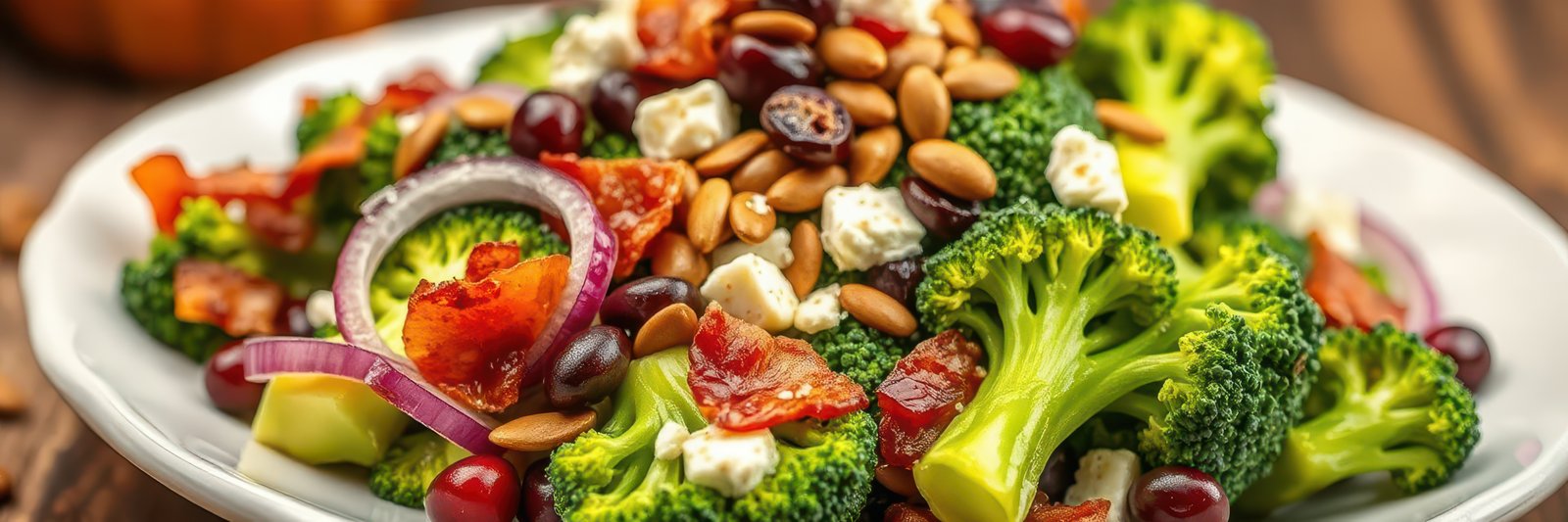 Delicious broccoli salad with bacon, beans, and nuts served on a rustic wooden table